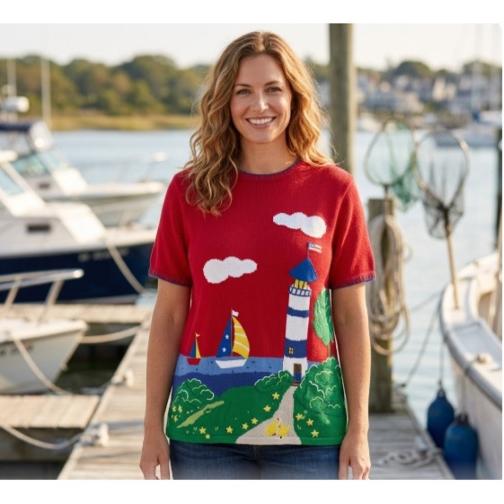 The Quaker Factory Red Lighthouse Sailboat Sweater Top 1X Nautical Coastal Gran